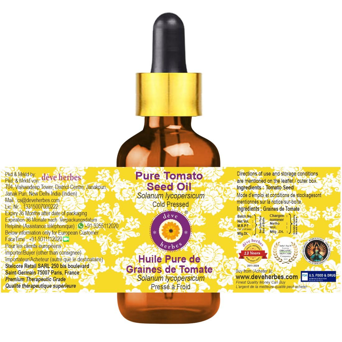 **Pure Cold-Pressed Tomato Seed Oil (Solanum lycopersicum) - 100ml (10 oz) with Glass Dropper - Pack of 3 - For Skin Care, Hair Growth & Aromatherapy**