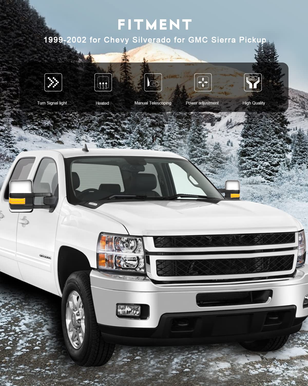 OCPTY Power Heated Towing Mirrors with LED Turn Signal & Running Lights - Compatible with 1999-2002 Chevy Silverado & GMC Sierra Pickups - Chrome Housing - Perfect for Towing, Off-Roading & Night Driving
