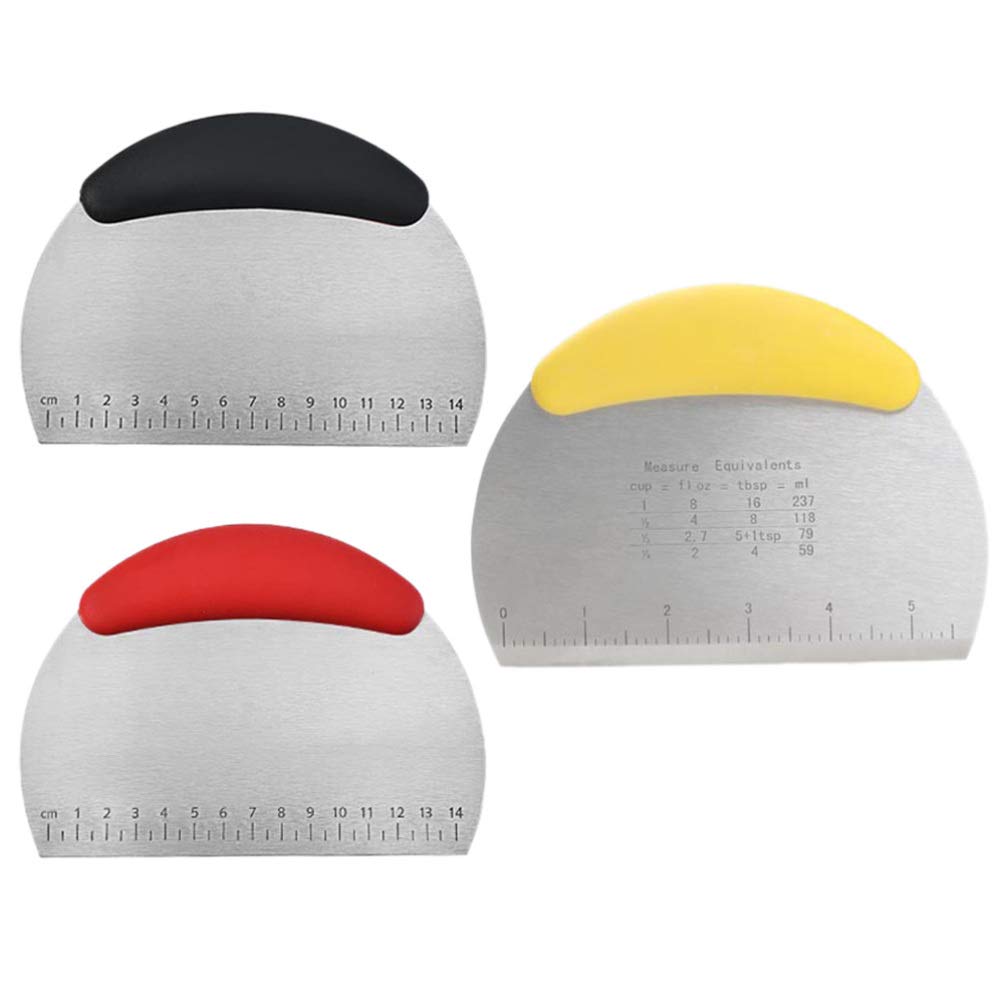 Stainless Steel Bench Scraper & Dough Cutter Set of 3 - Kitchen Baking Tool with Measuring Scale for Pastry, Bread, Pizza Dough - Perfect for Home Bakers & Professional Chefs (Assorted Colors)