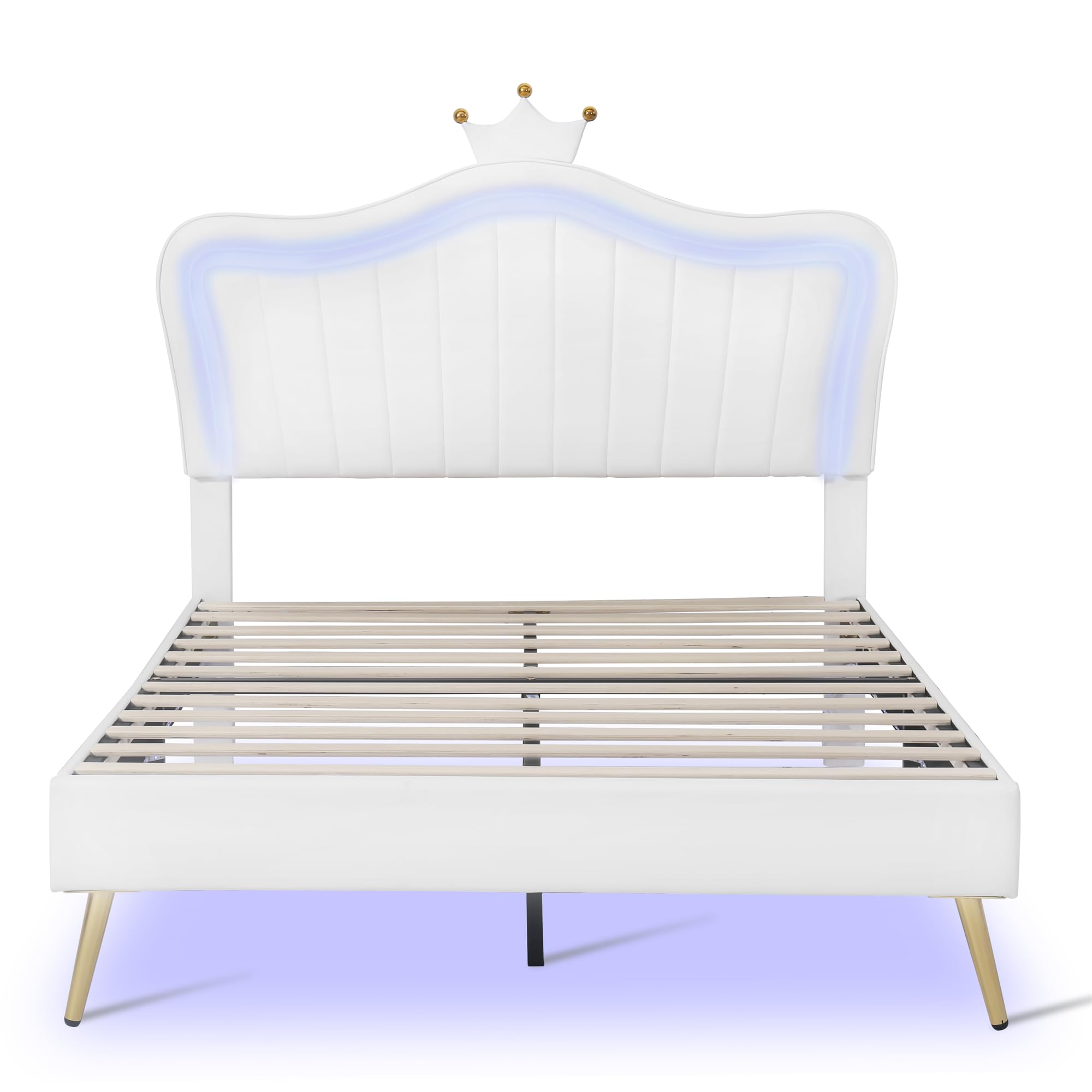 Harper & Bright Designs Full Size Princess Bed with Crown Headboard & LED Lights - PU Upholstered Platform Bed Frame for Kids, Adjustable Headboard, Boys & Girls Bedroom Furniture (White) - Perfect for Princess-Themed Bedrooms, Sleepovers & Kids' Room Decor