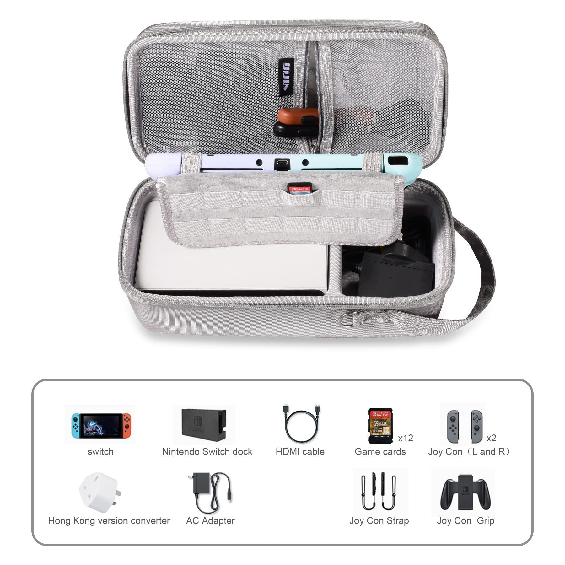 Nintendo Switch Carrying Case for Travel - Hard Shell with Soft Lining for Switch OLED & Pro Controller (16 Game Storage) - Grey