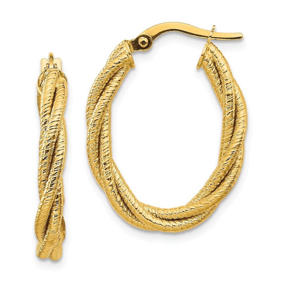 14K Yellow Gold Textured Twisted Oval Hoop Earrings for Women - 25mm x 20mm Dainty Everyday Jewelry, Perfect for Work, Date Night & Special Occasions