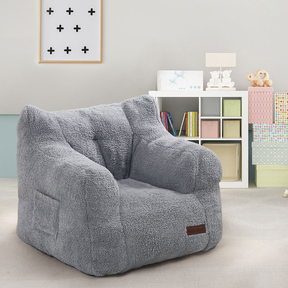 MAXYOYO Kids Sherpa Bean Bag Chair - Soft Teddy Lazy Sofa for Boys & Girls, Grey - Cozy Reading Nook & Playroom Seating for Children's Bedroom