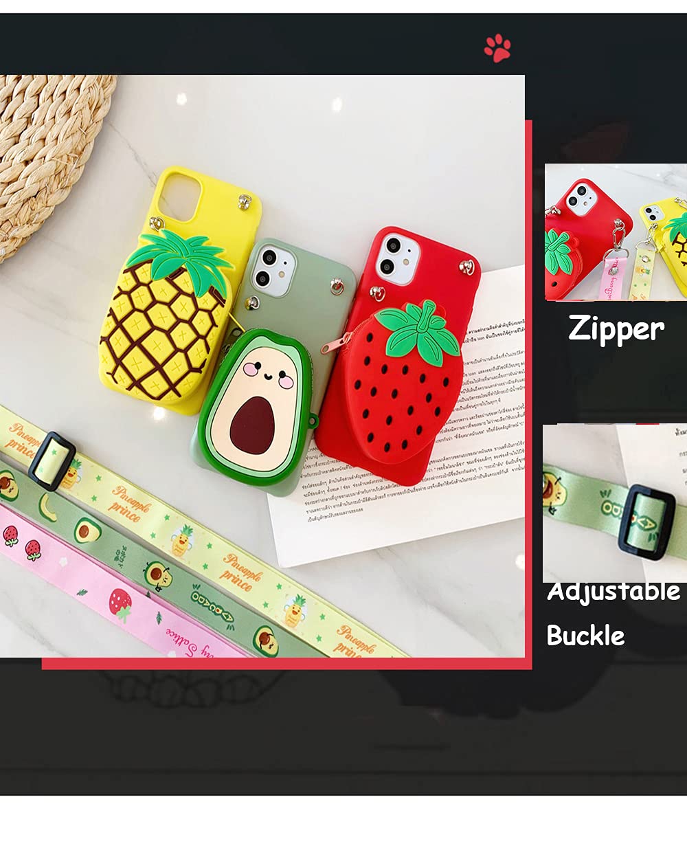 Samsung Galaxy S21 Plus Phone Case with Wallet & Card Holder - 3D Cute Avocado Design, Soft Silicone Shockproof Cover with Detachable Lanyard & Kickstand | Perfect for Shopping, Travel & Daily Use