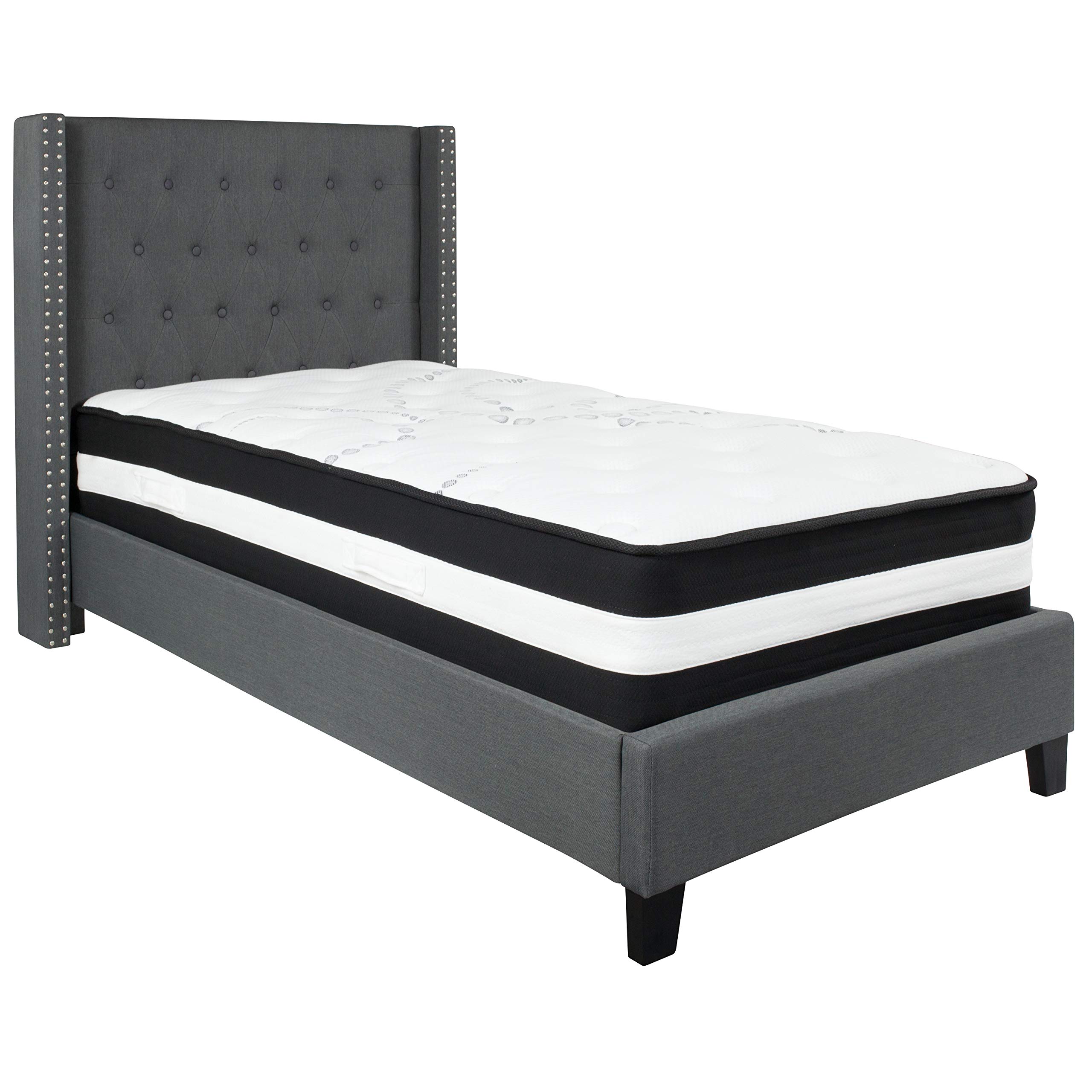 Dark Gray Fabric Twin Size Accent Extended Panel Platform Bed with Mattress - Perfect for Kids' Rooms, Guest Bedrooms & Small Spaces
