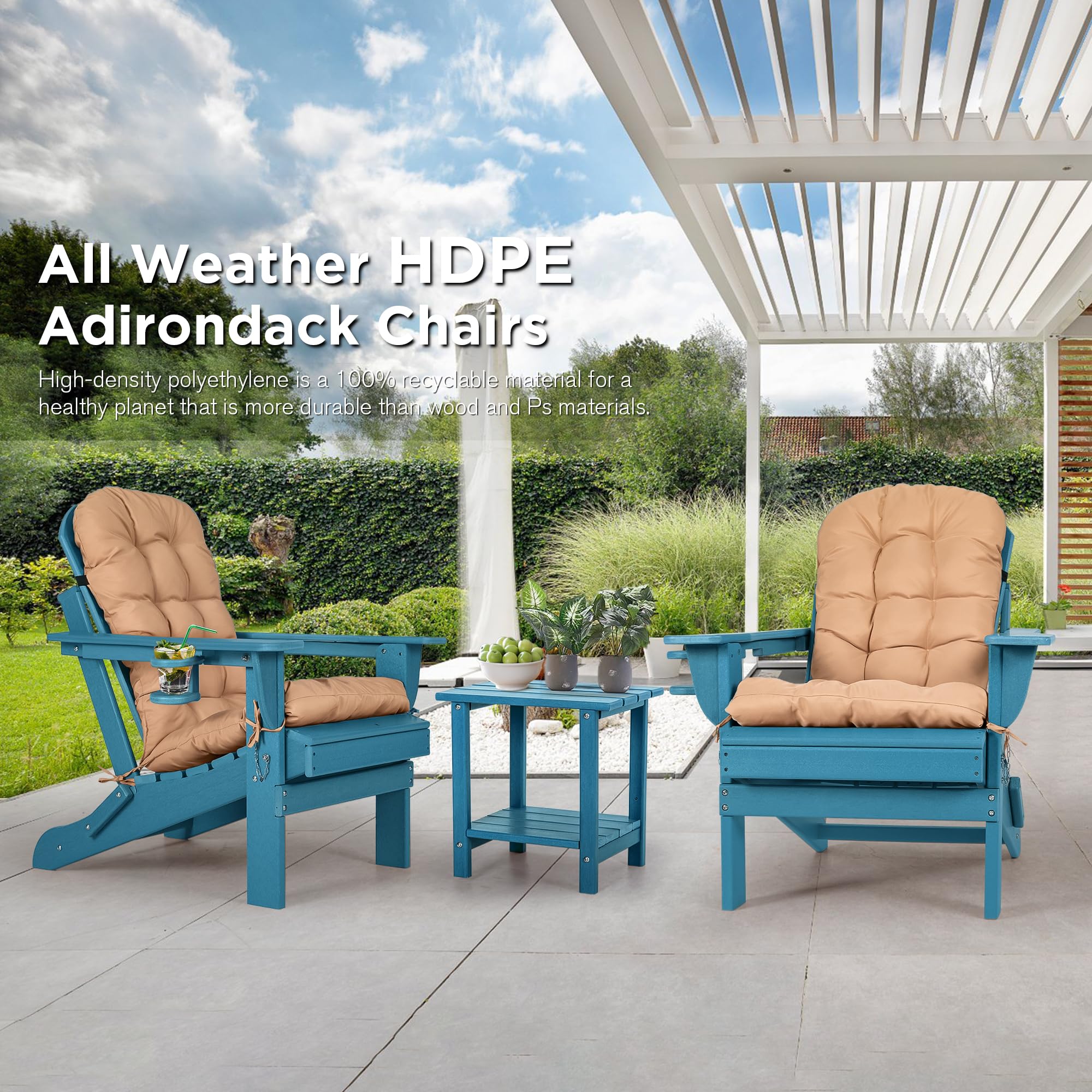 Nalone 2-Pack Folding Adirondack Chairs with Cushions & Cup Holders - HDPE Plastic Oversized Weather-Resistant Outdoor Patio Chairs for Backyard, Deck, Garden, Poolside, Camping & Fire Pit (Blue)