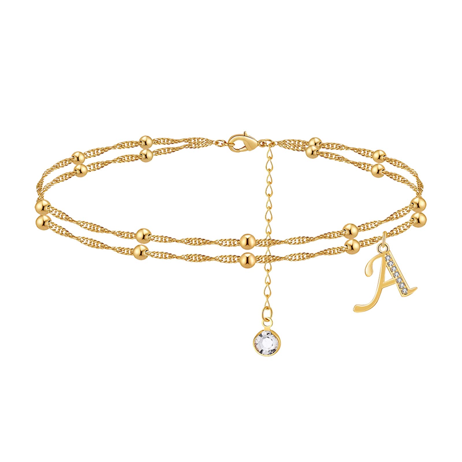 Gold Plated Dainty Layered Heart Initial Anklet for Women & Teen Girls - Adjustable Ring Screw Wood Thread Charm Ankle Bracelet (A-A, One Size) - Perfect for Beach, Summer & Boho Fashion Accessories