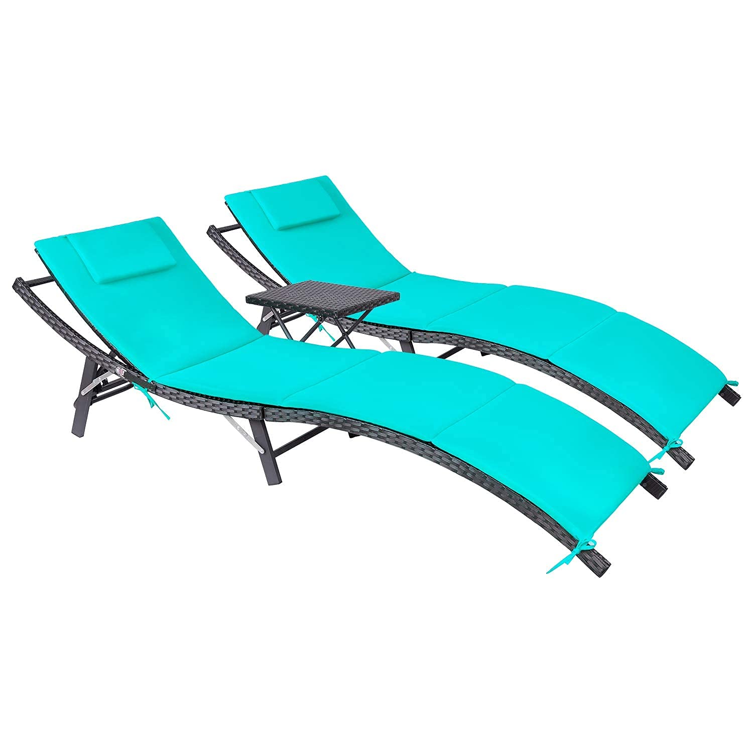 Devoko 3-Piece Outdoor Patio Chaise Lounge Set with Adjustable Back & Cushions - Rattan Folding Chaise Lounge with Side Table (Blue) - Perfect for Poolside, Garden, Backyard Relaxation & Sunbathing