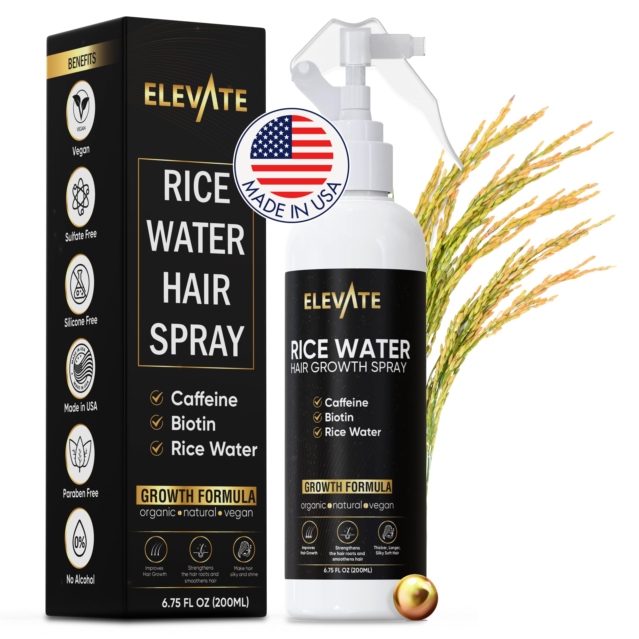 Elevate Rice Water Hair Growth Spray with Biotin, Caffeine & Aloe Vera - Thickening & Nourishing Leave-In Treatment for Thinning, Damaged Hair - Vegan, Non-Greasy Formula for Longer, Softer Locks - Perfect for Daily Hair Care Routine & Styling