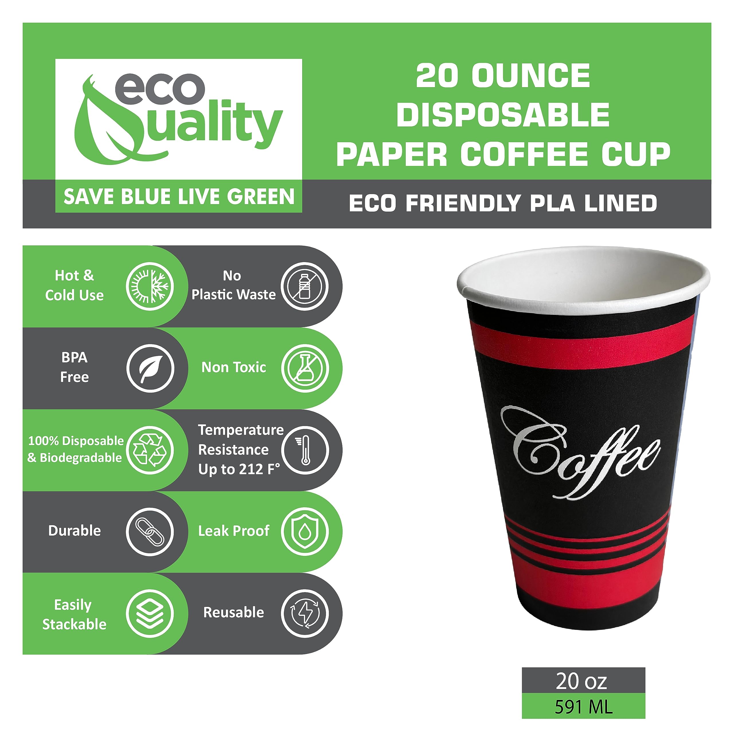 EcoQuality 20 oz Extra Large Disposable Paper Cups - Bulk Pack of 150 for Hot & Cold Beverages, Coffee, Tea, Cocoa - Ideal for Travel, Office, Restaurants, Concession Stands - Durable & Eco-Friendly Cups for Parties, Picnics, and Events