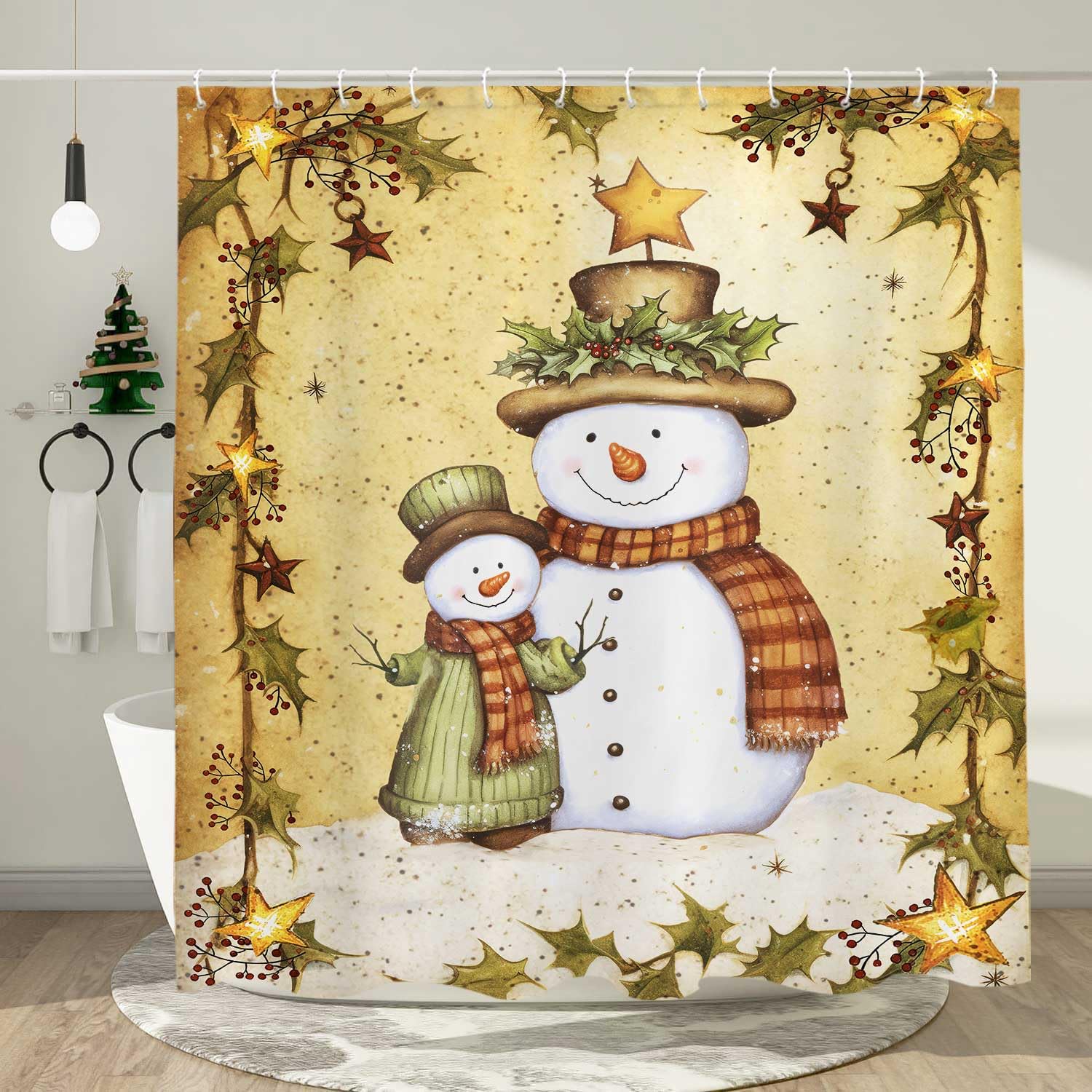 Vintage Snowman Christmas Shower Curtain - Polyester Bathroom Decor for Holiday Season