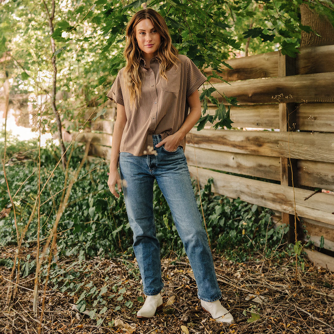 Women's Cinnamon Striped Button Down Blouse - Casual & Office Wear Shirt for Work, Date Night & Everyday Outfits