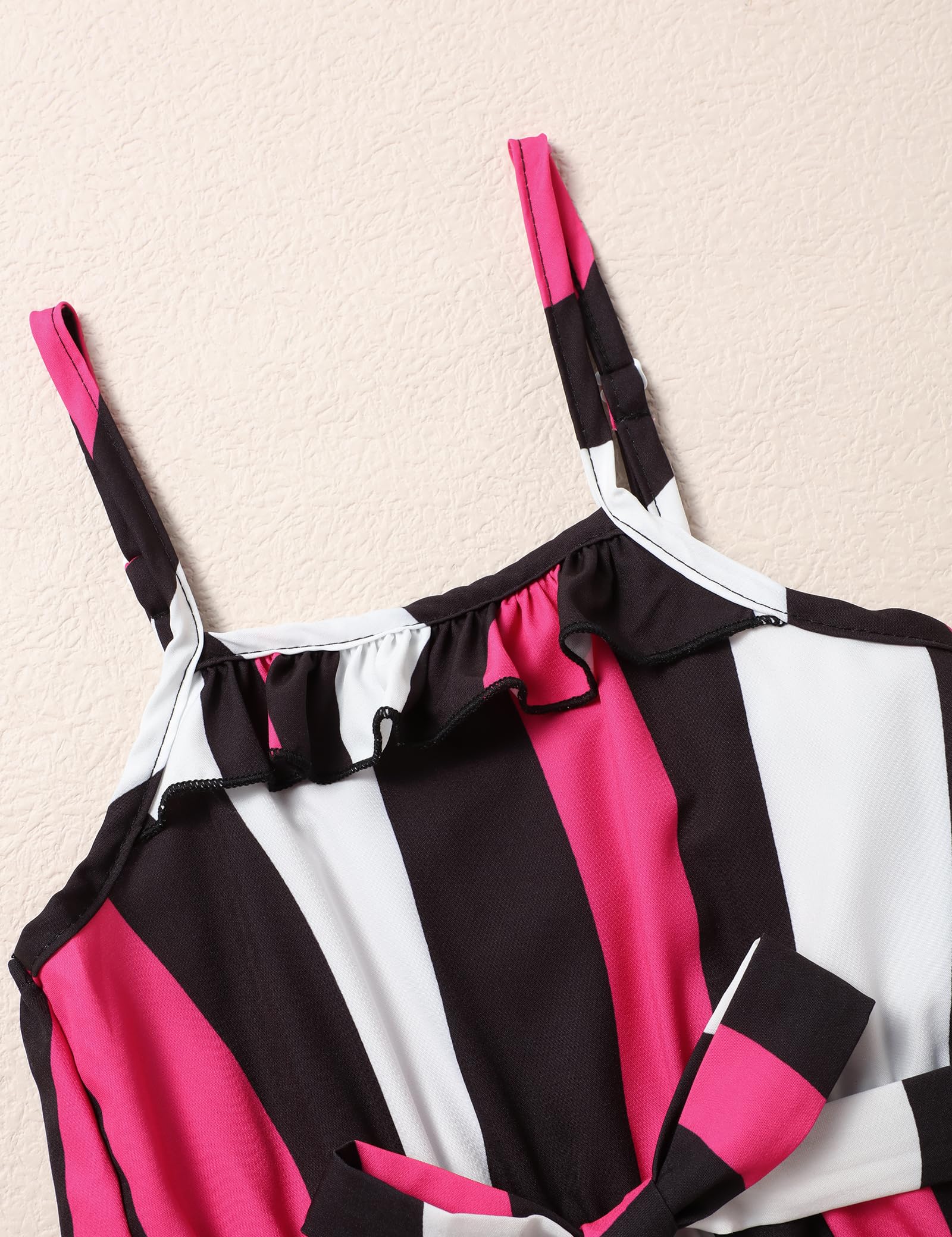 Crazyme Girls Striped Sleeveless Jumpsuit with Belt - Casual Romper Suspender Wide Leg Pants for Girls Age 4-13 Years | Perfect for Summer Playdates, School Outfits & Family Photos