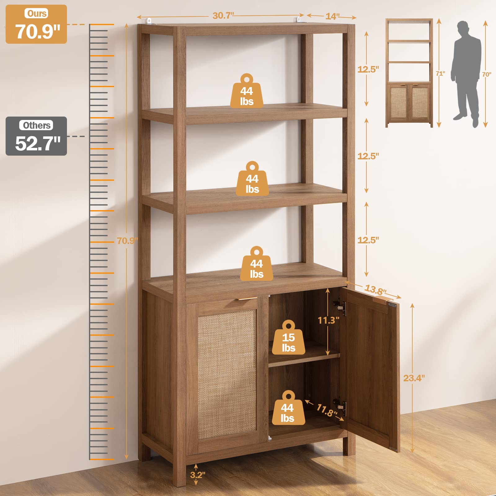 5-Tier Rattan Boho Bookshelf with Doors - 71