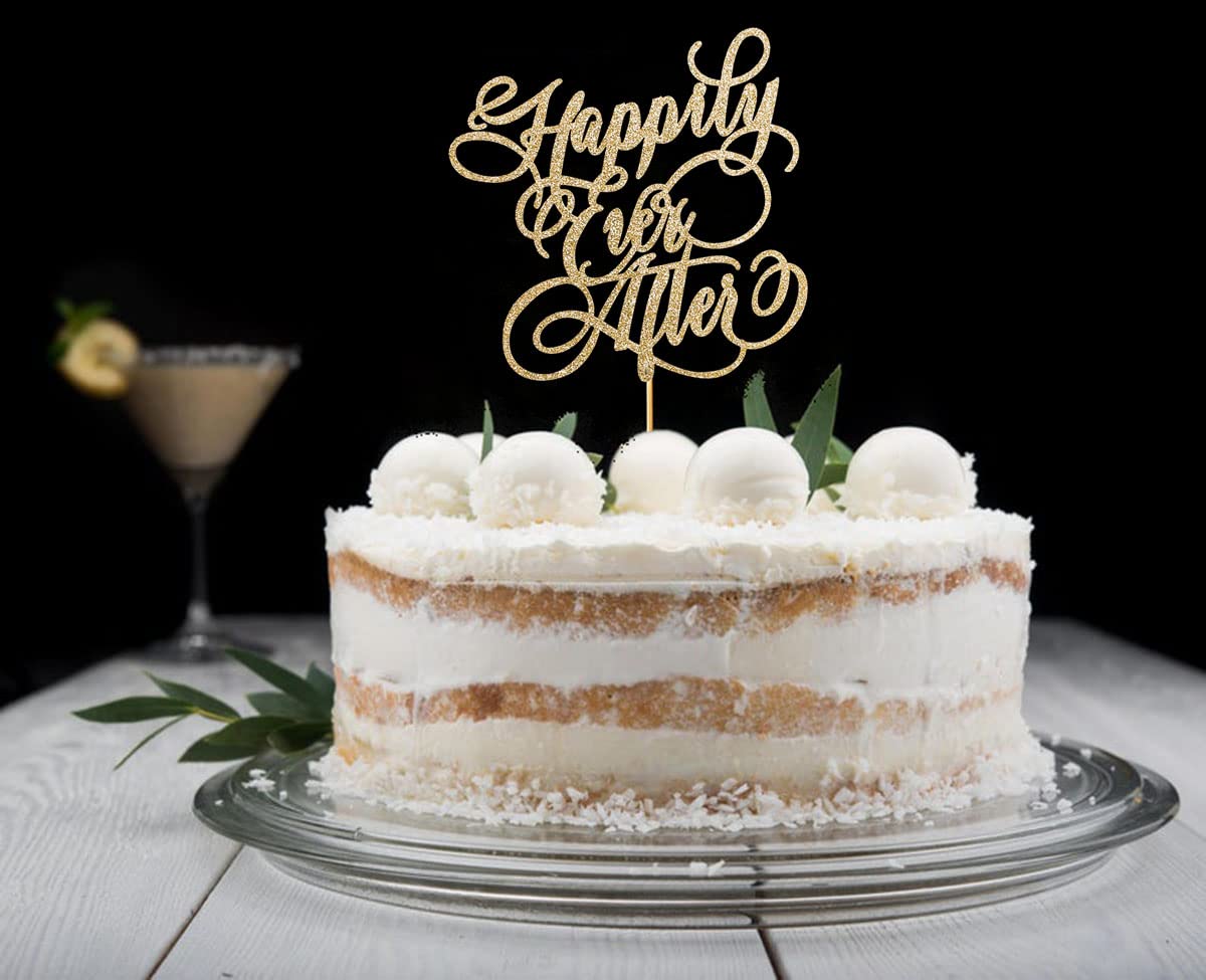 Glitter 'Happily Ever After' Cake Topper - Elegant Gold Wedding, Engagement, Bridal Shower & Bachelorette Party Decoration | Perfect for Anniversary Cakes, Romantic Celebrations & Photo Backdrops