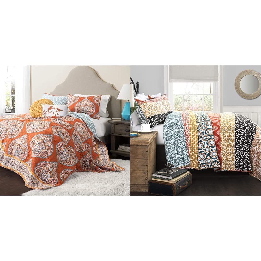 1. Lush Décor Harley Quilt Damask Pattern Reversible 5-Piece King Size Bedding Set in Tangerine - Soft & Breathable Comforter Set for Master Bedroom Decor   2. Lush Décor Bohemian Striped Reversible 3-Piece King Size Quilt Set in Turquoise - Lightweight Bedspread for Guest Room or Bohemian Style Bedroom