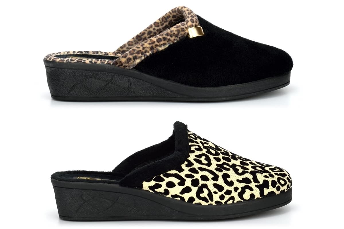 Women's Mule Slippers with Wedge Heel - Soft Faux Fur Lined House Shoes - Leopard Print Slip-On Comfort for Women | Perfect for Indoor Lounging, Spa Days & Cozy Home Wear