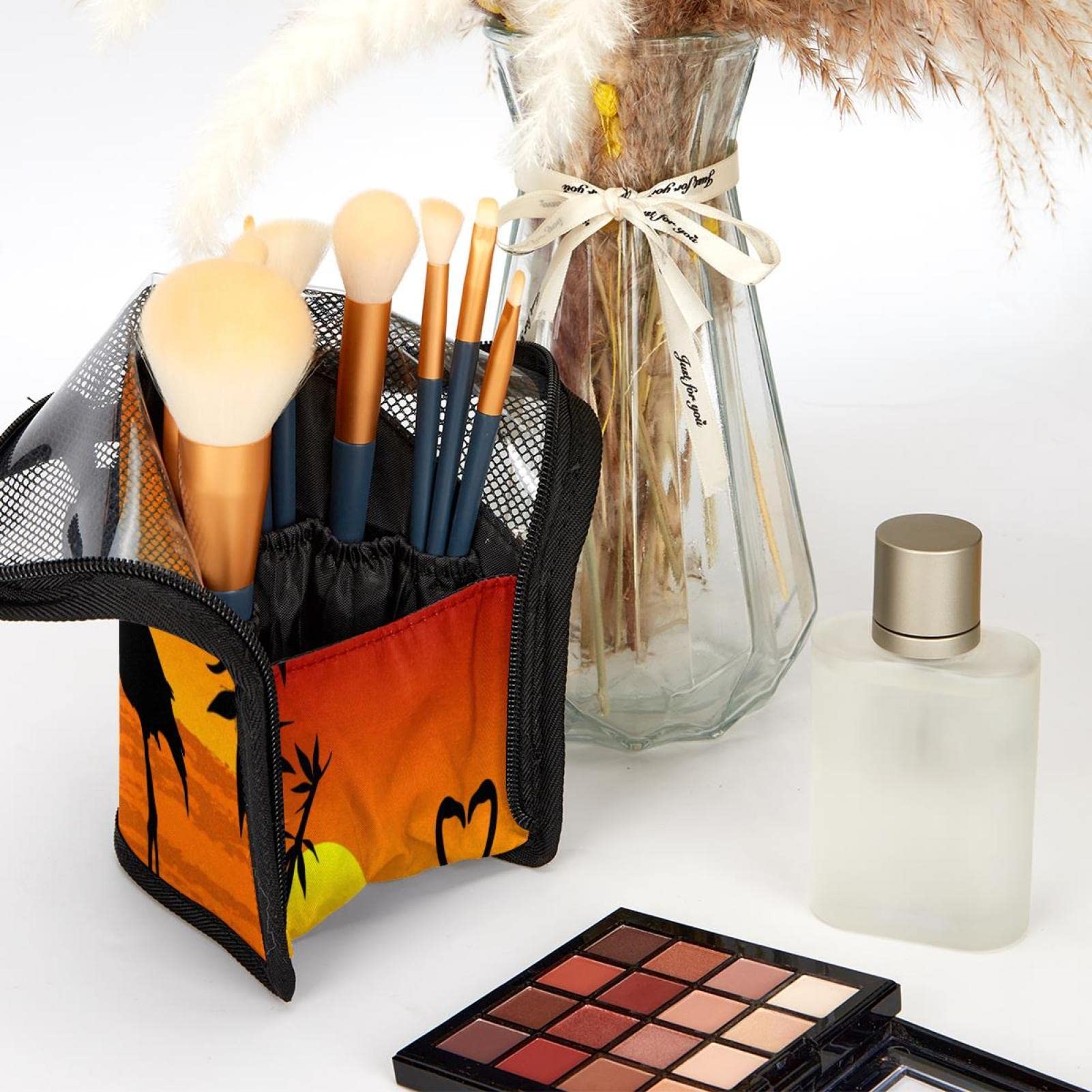 Premium 12-Piece Makeup Brush Organizer Bag - Tropical Flamingo Sunset Design, Portable Makeup Brush Holder Case for Travel & Home Storage | Perfect for Makeup Artists & Beauty Enthusiasts