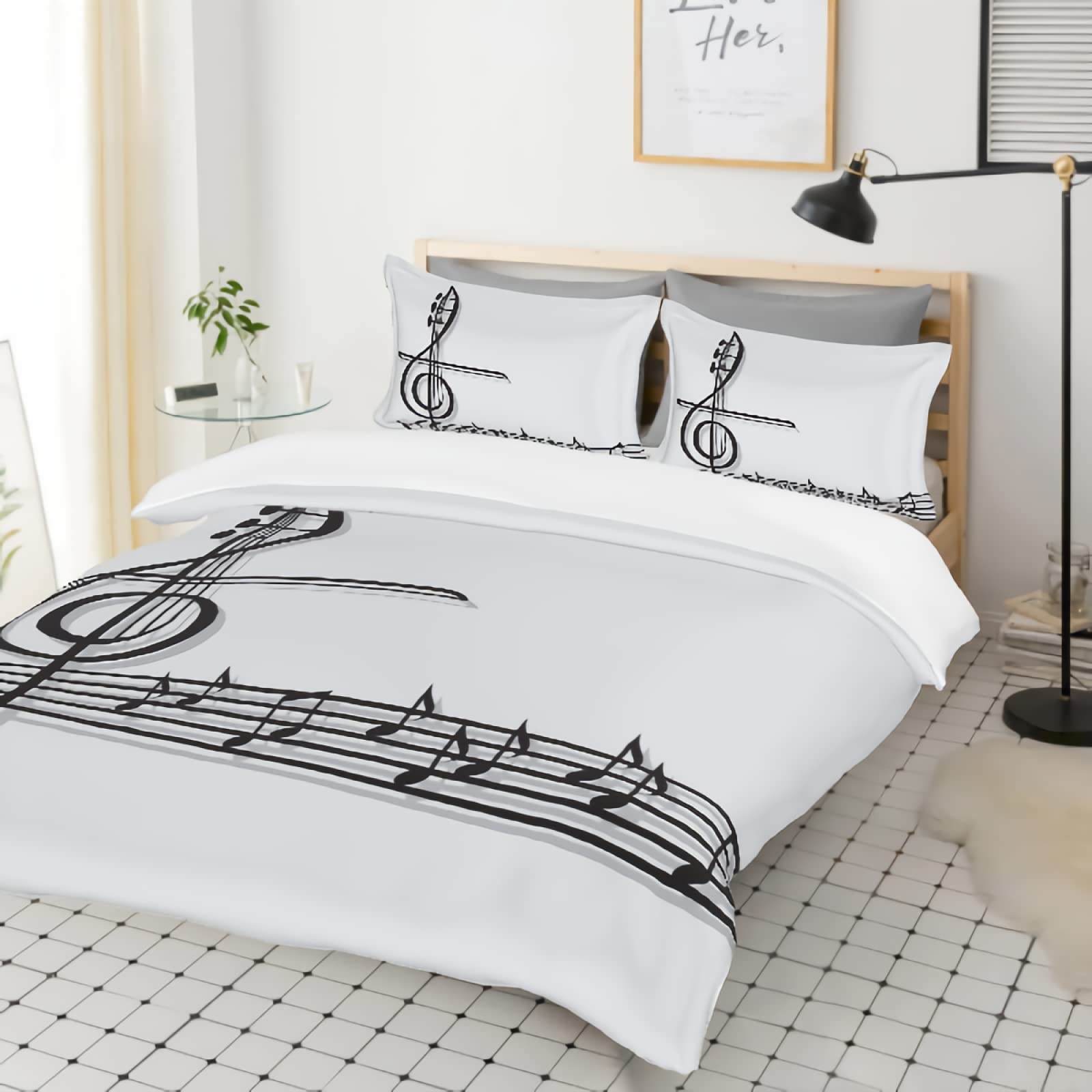 GREDBH King Size Music Notes Duvet Cover Set - 3 Piece Bedding Set with 2 Pillowcases, Four-Line Stave Design, 100% Soft Microfiber (Comforter Not Included) - Perfect for Musicians, Music Lovers & Cozy Bedroom Decor