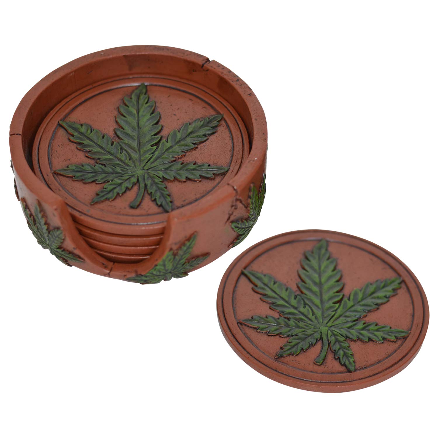 5-Piece Marijuana Leaf Resin Coaster Set with Holder - Unique Bar & Kitchen Decor, Modern Table Accents - Perfect for Home, Office, and Party Use