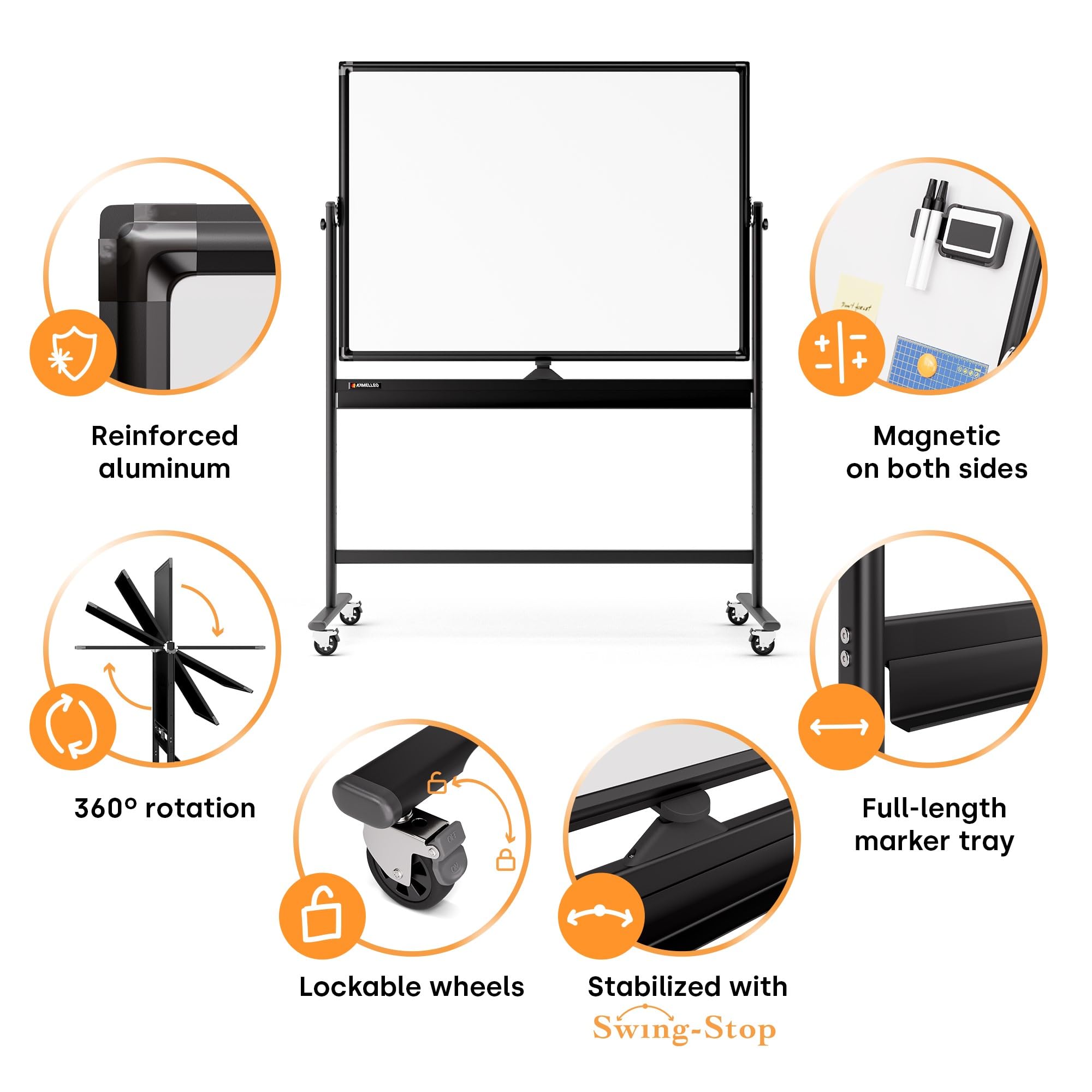 48 x 36 Inch Magnetic Rolling Whiteboard - Double-Sided Mobile Dry Erase Board with Stand & Wheels - Portable Standing Easel for Office Meetings, Classroom Teaching, Home Organization & Creative Brainstorming