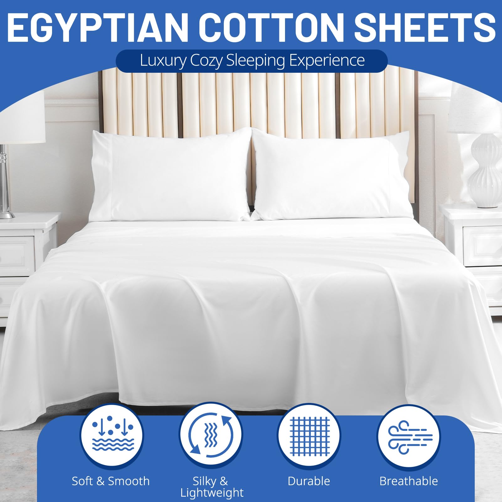 Premium 100% Egyptian Cotton Sheets Queen Size - 400 Thread Count Cooling Bed Sheets for Hot Sleepers - Breathable Soft Silky Sateen Weave Luxury Bedding Set with 16