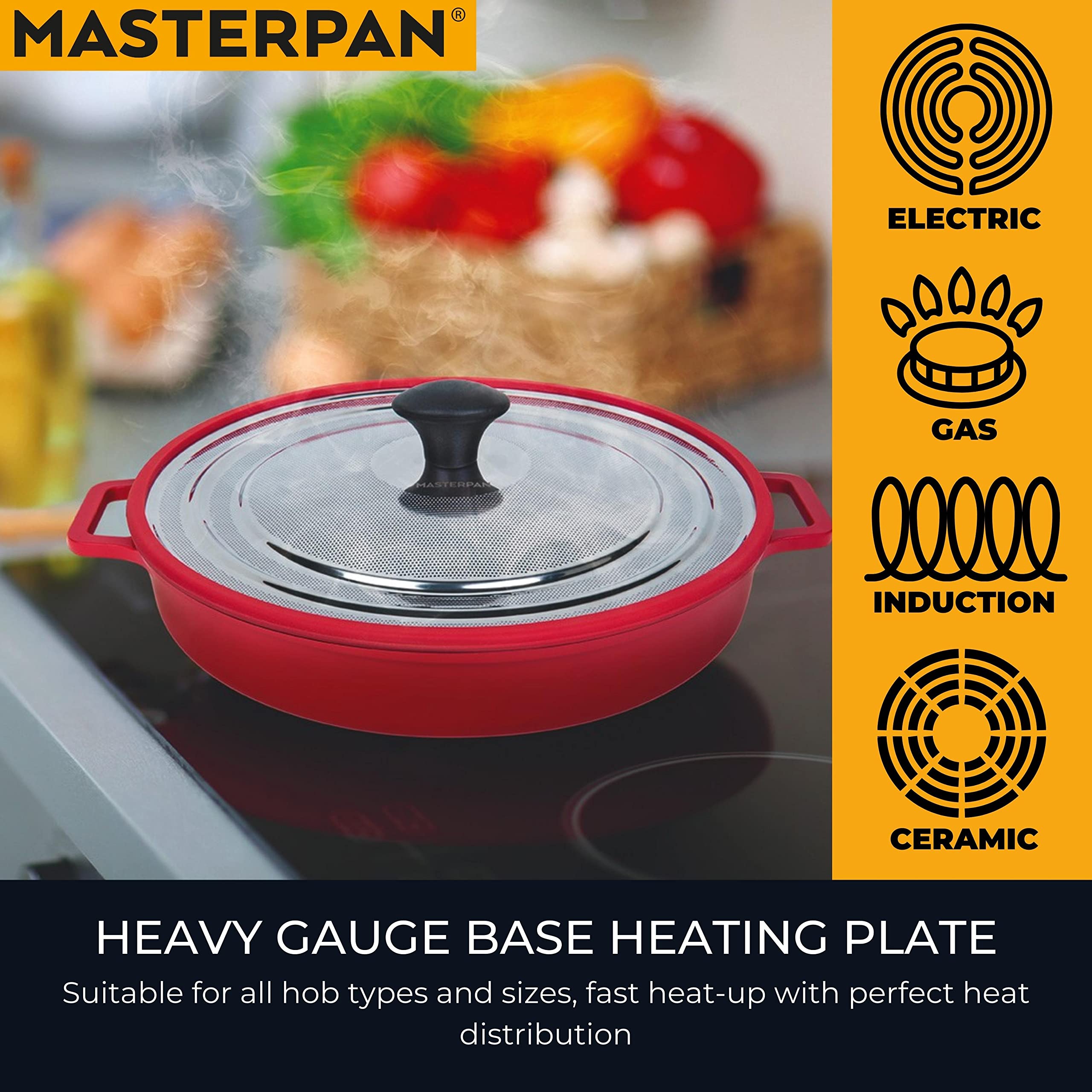 Non-Stick Stovetop Oven Grill Pan with Steam Venting Lid - 12 Inch Red Skillet for Grilling, Searing & Roasting - Perfect for Steaks, Burgers & Vegetables - Oven & Stovetop Safe Cookware
