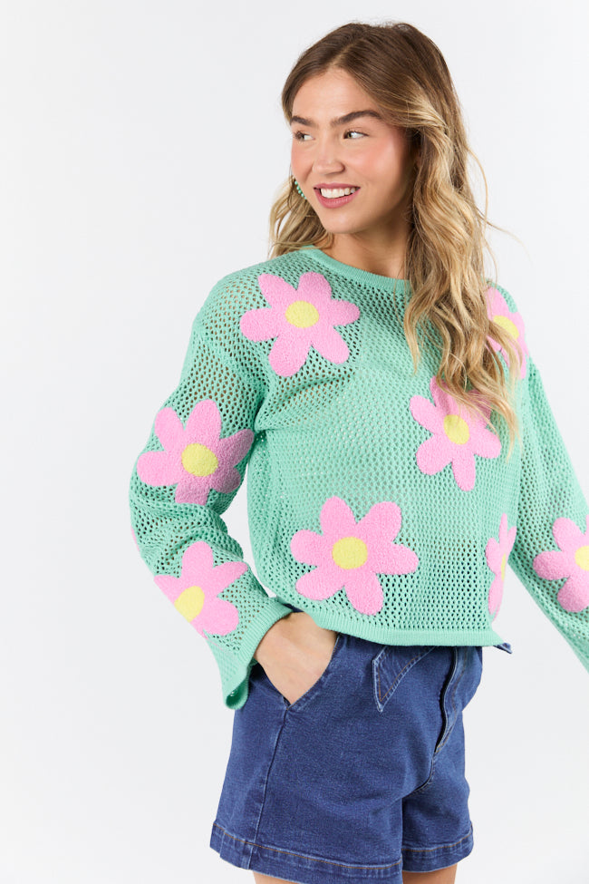 Follow Me Floral Embroidered Sweater - Mint & Pink Boho Chic Knitwear for Women | Perfect for Fall Layering, Coffee Dates & Casual Outings