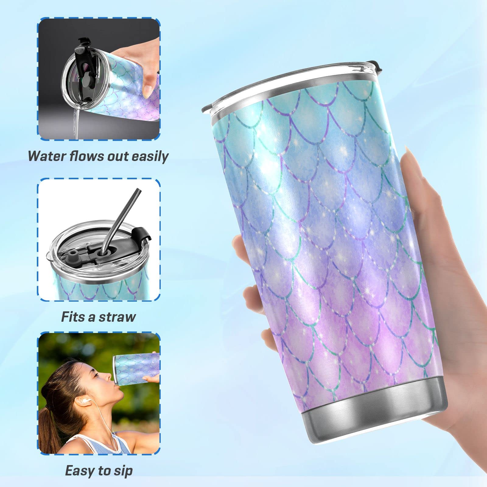 CaTaKu 20oz Mermaid Scales Purple Stainless Steel Tumbler with Lid & Straw - Vacuum Insulated Double Wall Travel Mug for Hot & Cold Drinks - Perfect for Coffee, Tea, Water & On-the-Go Use in Car, Office or Outdoor Adventures