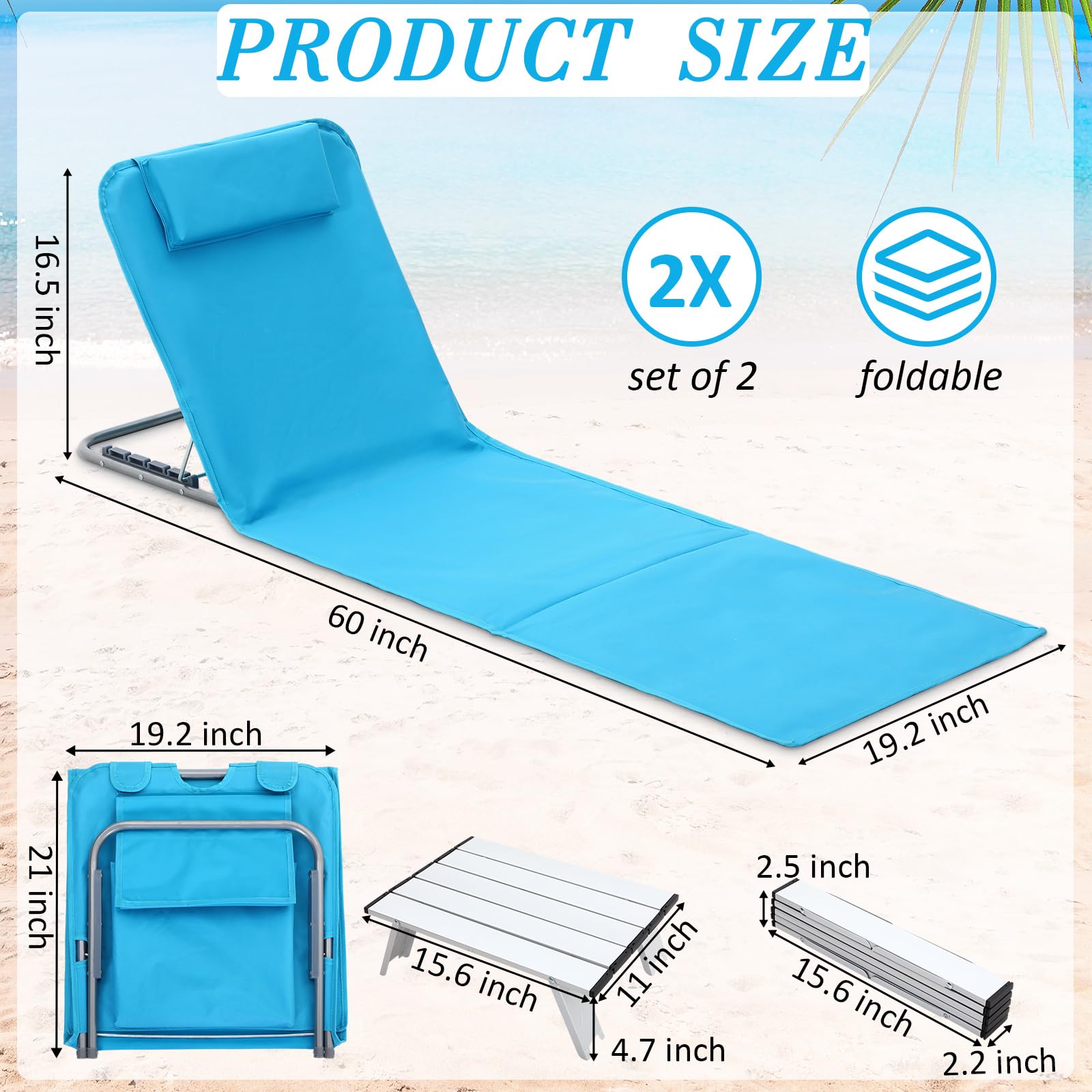4 Pack Portable Beach Lounge Chairs with 2 Folding Side Tables - Adjustable 5-Position Tanning Chaise - Lightweight Outdoor Camping Chairs for Sunbathing, Backyard, Poolside & Beach (Lake Blue) - Perfect for Vacation, Picnics and Summer Relaxation