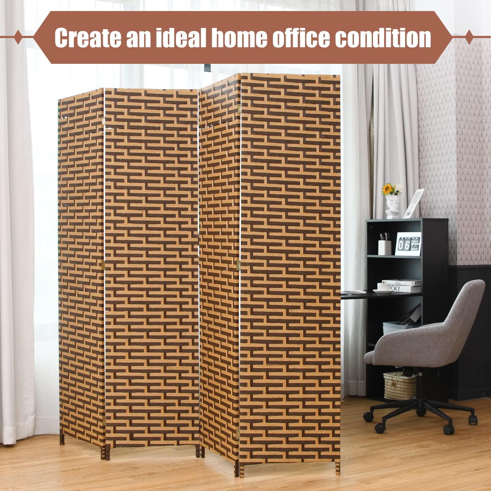 Handmade 6 Ft 4 Panel Rattan Room Divider - Wood Folding Screen Partition for Home & Office - Freestanding Boho Room Separator for Bedroom, Living Room, Studio or Dorm Decor