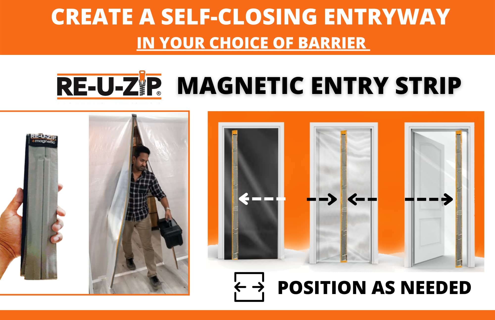 RE-U-ZIP® Reusable Dust Barrier Entry System Pro Bundle - 1 Magnetic Self-Closing Strip + 6 Orange Zippers + 16 Mounting Refills + 2 Carry Cases + 12 Zip Ties | Dust Control for Construction, Renovation & Home Improvement Projects