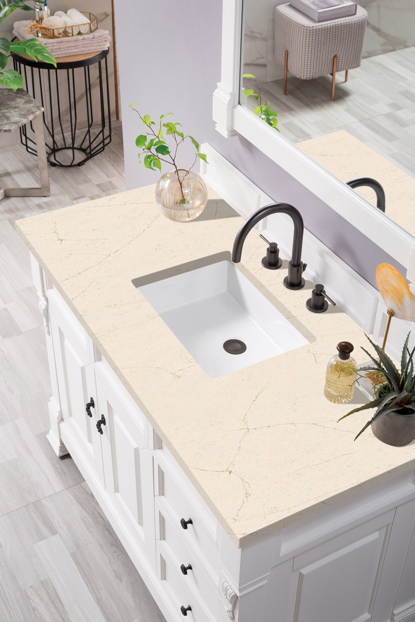 Brookfield 48 Inch Single Bathroom Vanity Set with Bright White Finish & 3CM Eternal Marfil Quartz Countertop - Perfect for Modern Home Bathroom Renovation