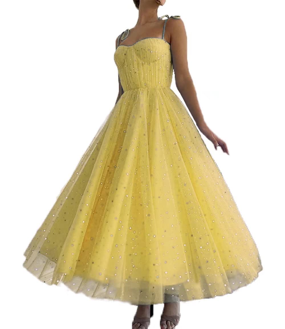 Sparkly Starry Tulle Strapless Prom Dress for Women - A-Line Tea-Length Party Gown with Pleated Details | Perfect for Homecoming, Prom Night, and Formal Events