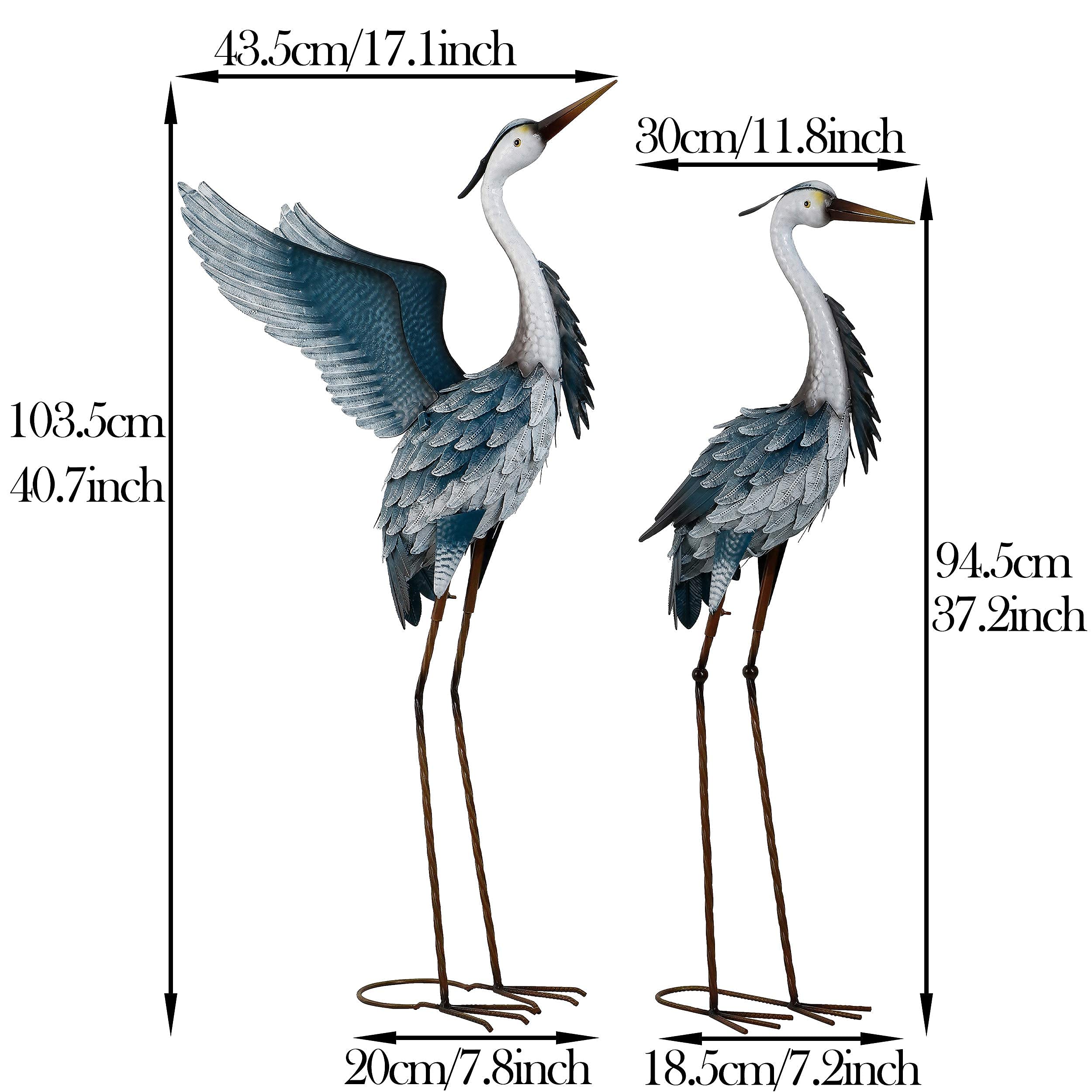 Large Metal Blue Heron Statues for Outdoor & Indoor Decor - Set of 2 (37-40.7