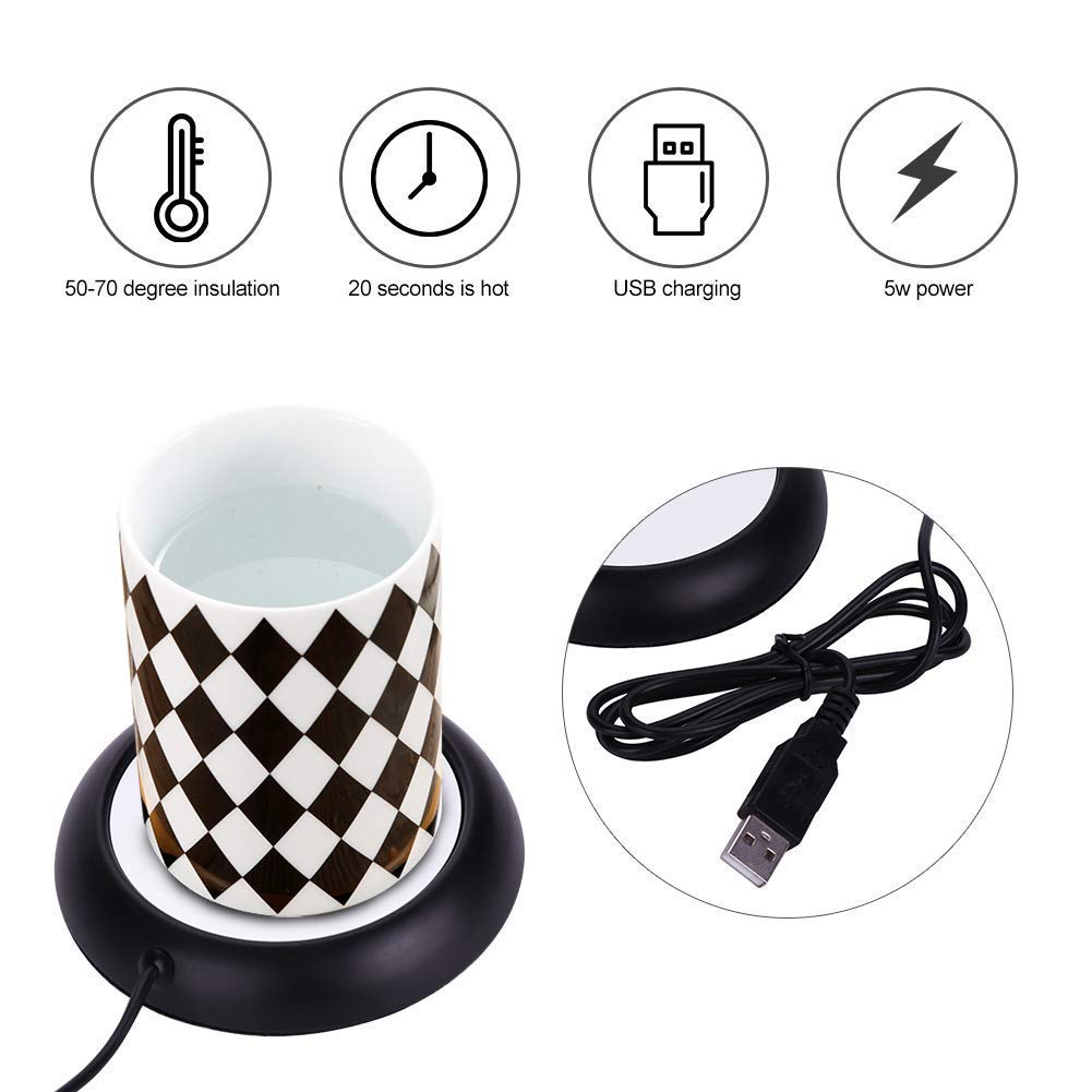USB Electric Coffee Mug Warmer - Portable Tea & Milk Cup Heater Pad with Wooden/Metal Base | Perfect for Office, Home & Travel | Fast Heating Plate for Desks, Nightstands & Cars (Black)