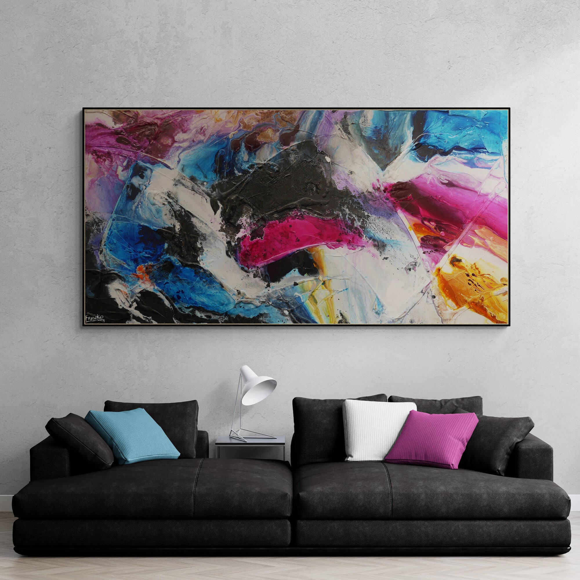 190cm x 100cm Mixed Media Abstract Painting - Violet, Orange & Black Textured Wall Art for Modern Living Room & Office Decor