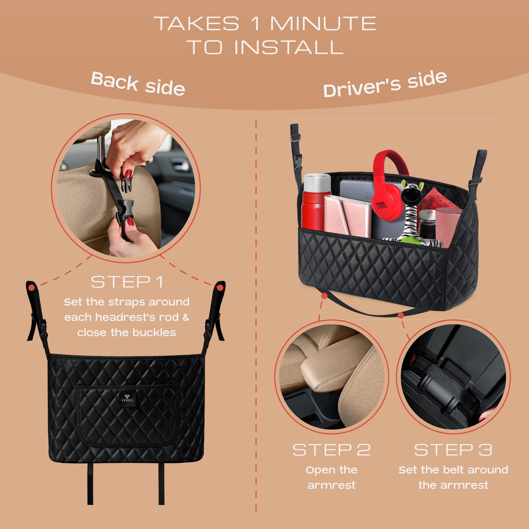 VERRO Car Purse Holder - 2 Hooks, Black, X-Large | Seat Gap Organizer for Handbags & Totes | Perfect for Road Trips, Commuting & Shopping