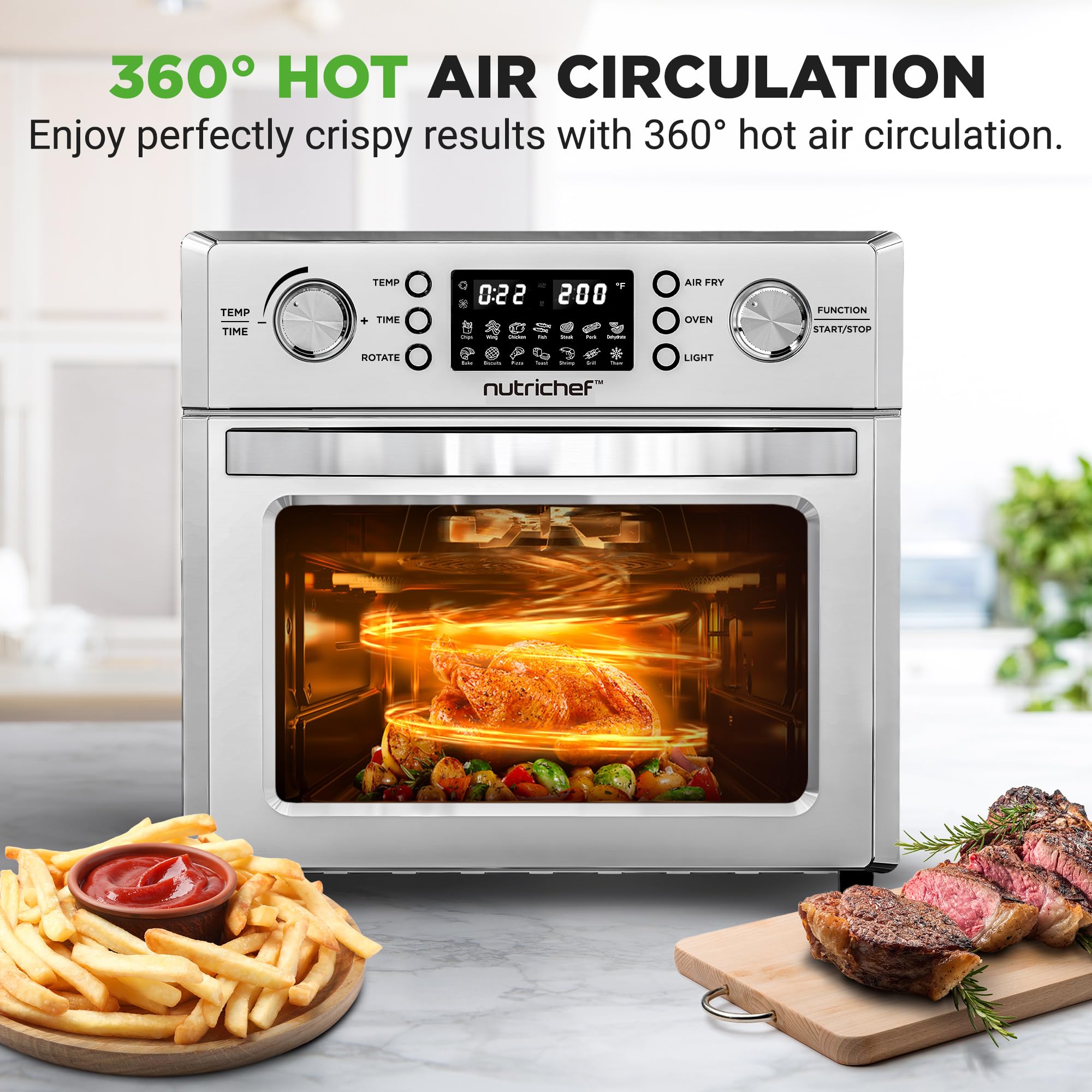 NutriChef 26L Electric Air Fryer Oven with Rotisserie - 1700W Countertop Air Fryer, 360° Rotating Feature, 10 Digital Presets - Includes Drip Tray, Basket & Bake Rack (15x16x14, Silver) - Perfect for Healthy Frying, Baking, Roasting & Family Meals