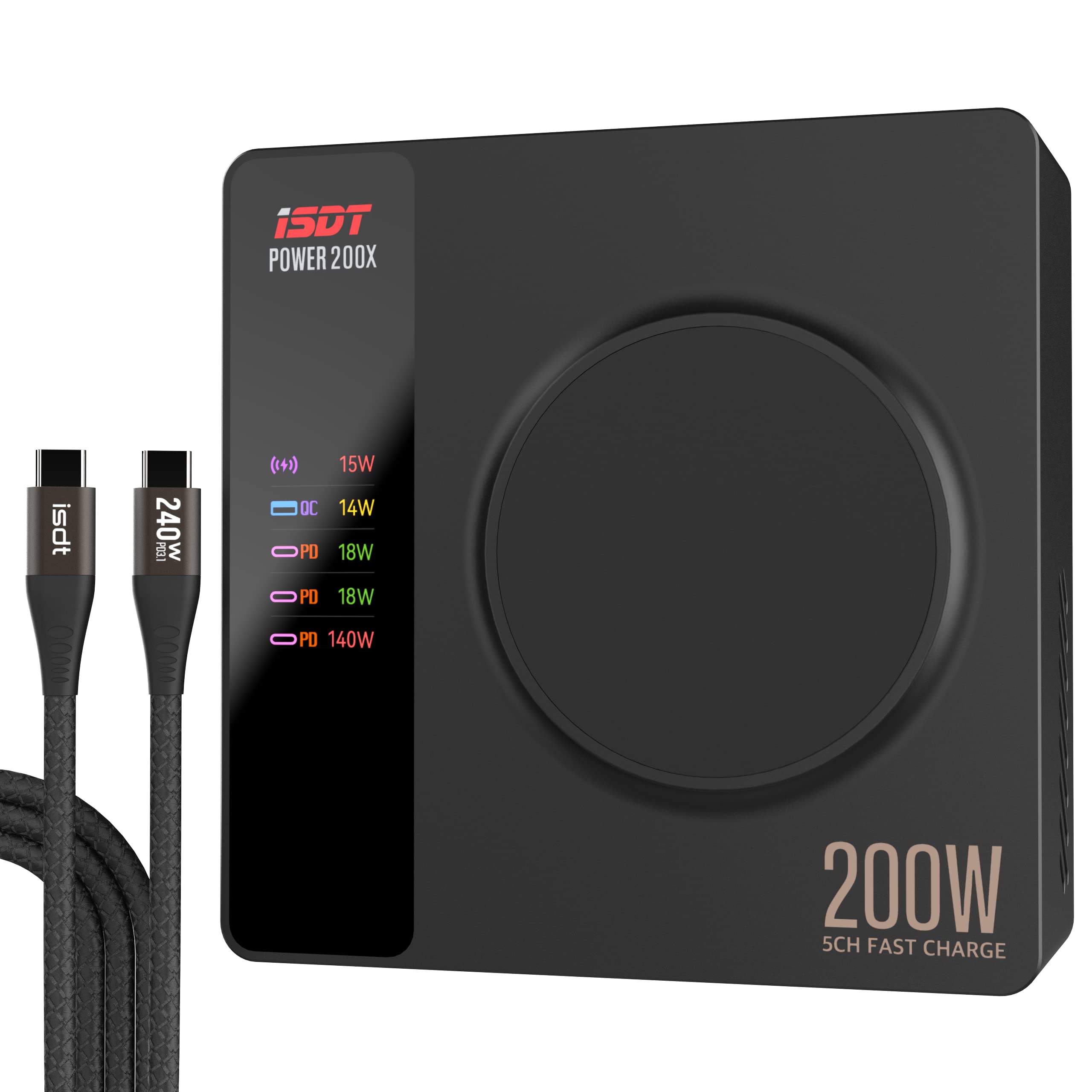 ISDT Power 200W USB-C Desktop Charger with 4 Ports & Wireless Charging | Fast Charging for iPhone, iPad, Apple Watch, Samsung Galaxy | Perfect for Office, Travel, and Home Use