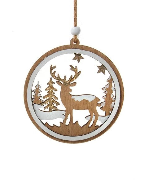 4.5 Inch Wooden Round Glittered Christmas Ornament - Handmade Holiday Tree Decor for Xmas, Home, Party & Gift Giving