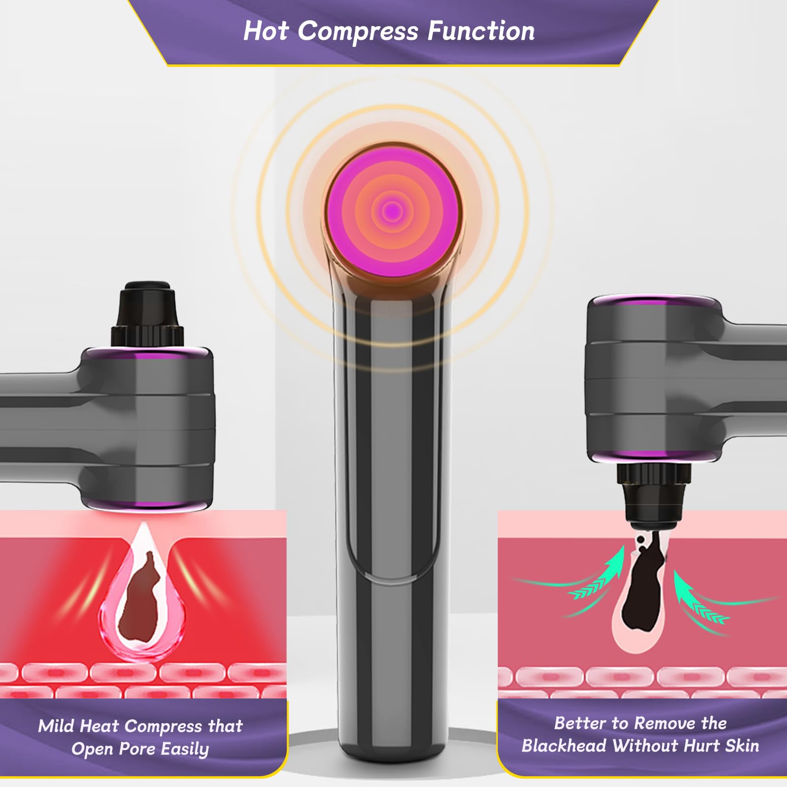 Blackhead Remover Vacuum - 2-in-1 Electric Facial Pore Cleaner with Heating Mode, 5 Attachments & 3 Suction Levels | Professional Comedone Extractor Kit for Deep Cleansing (Grey) | Perfect for At-Home Spa Days & Acne-Prone Skin Care