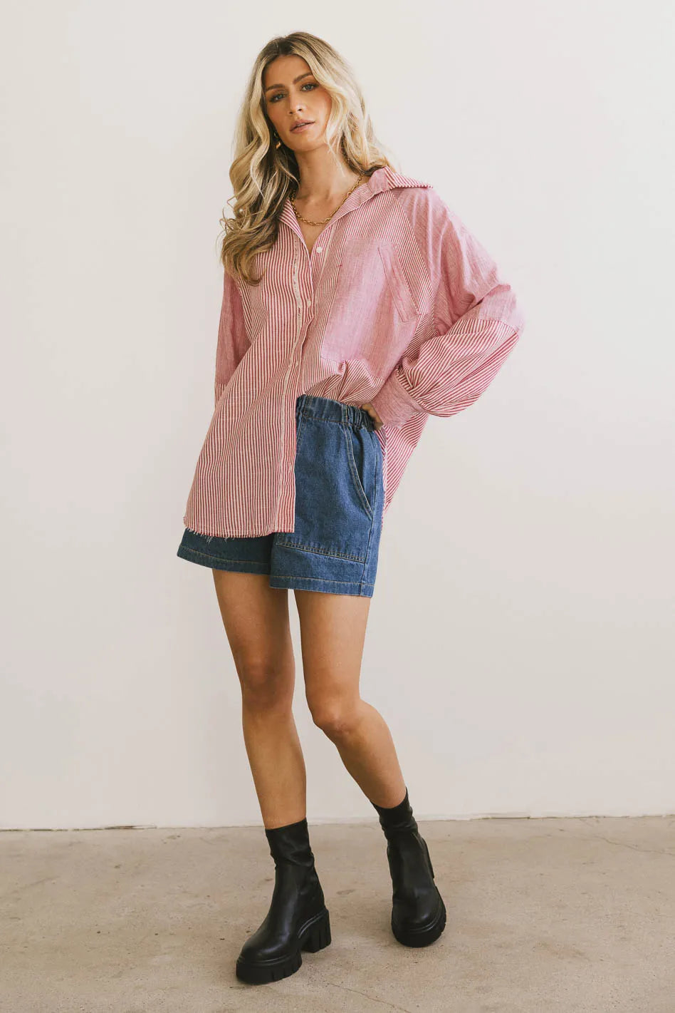 Gia Striped Button-Up Shirt for Women - Classic Red & White Striped Blouse | Perfect for Office, Casual Outfits & Layering