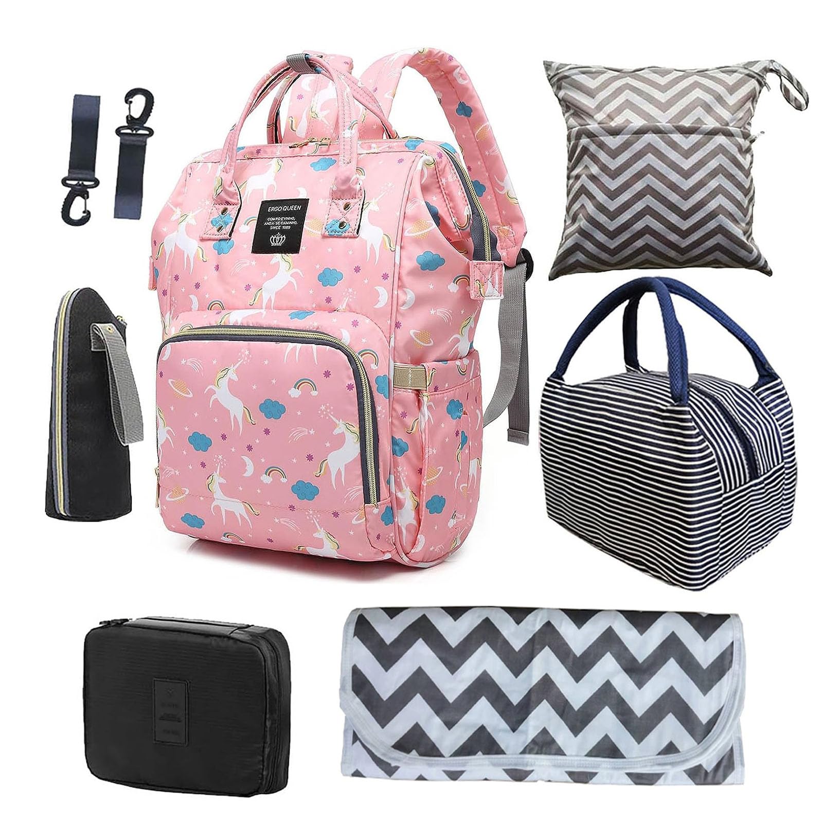 ERGO QUEEN 8-in-1 Multifunctional Diaper Bag Backpack for Moms & Dads - Large Capacity Unisex Baby Care Travel Backpack with Waterproof Wet/Dry Bags & Nursing Organizer (Pink) - Perfect for Daycare, Travel & On-the-Go Parenting
