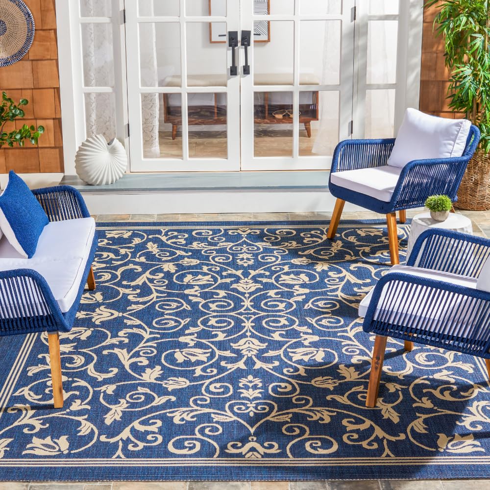 SAFAVIEH Courtyard Collection 8' x 11' Navy/Beige CY2098 Indoor Outdoor Waterproof Rug - Easy Cleaning, Fade Resistant - Perfect for Patio, Backyard, Mudroom & High Traffic Areas