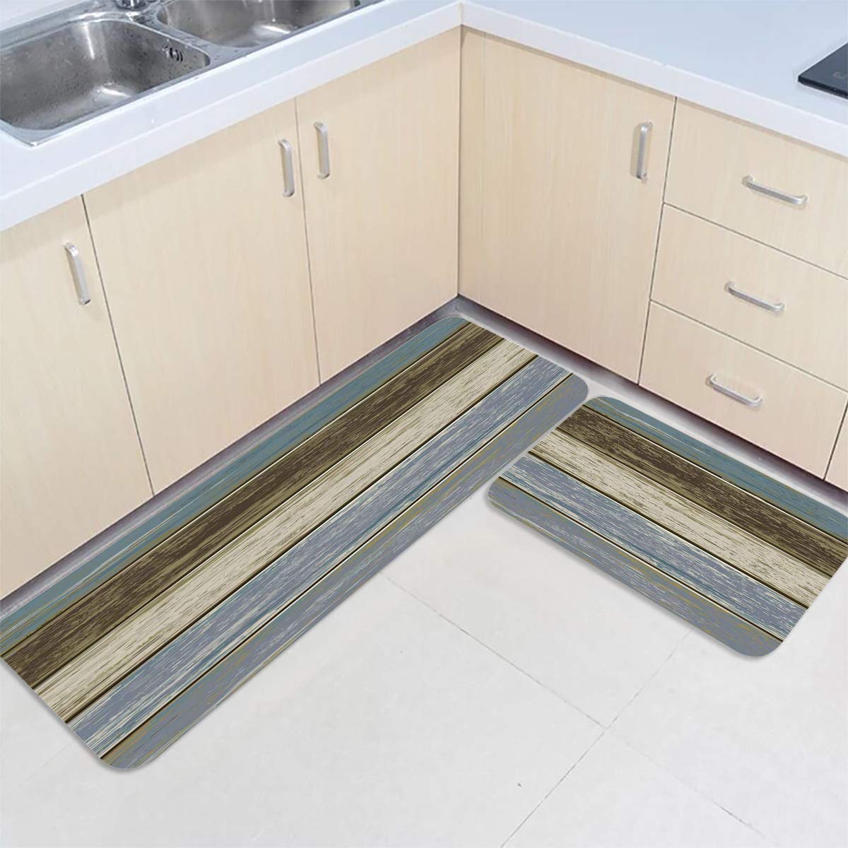 DoremiHome Anti-Fatigue Kitchen Rugs Set of 2 - Non-Slip Washable Floor Mats, Rustic Weathered Plank Design in Grey, 23.6