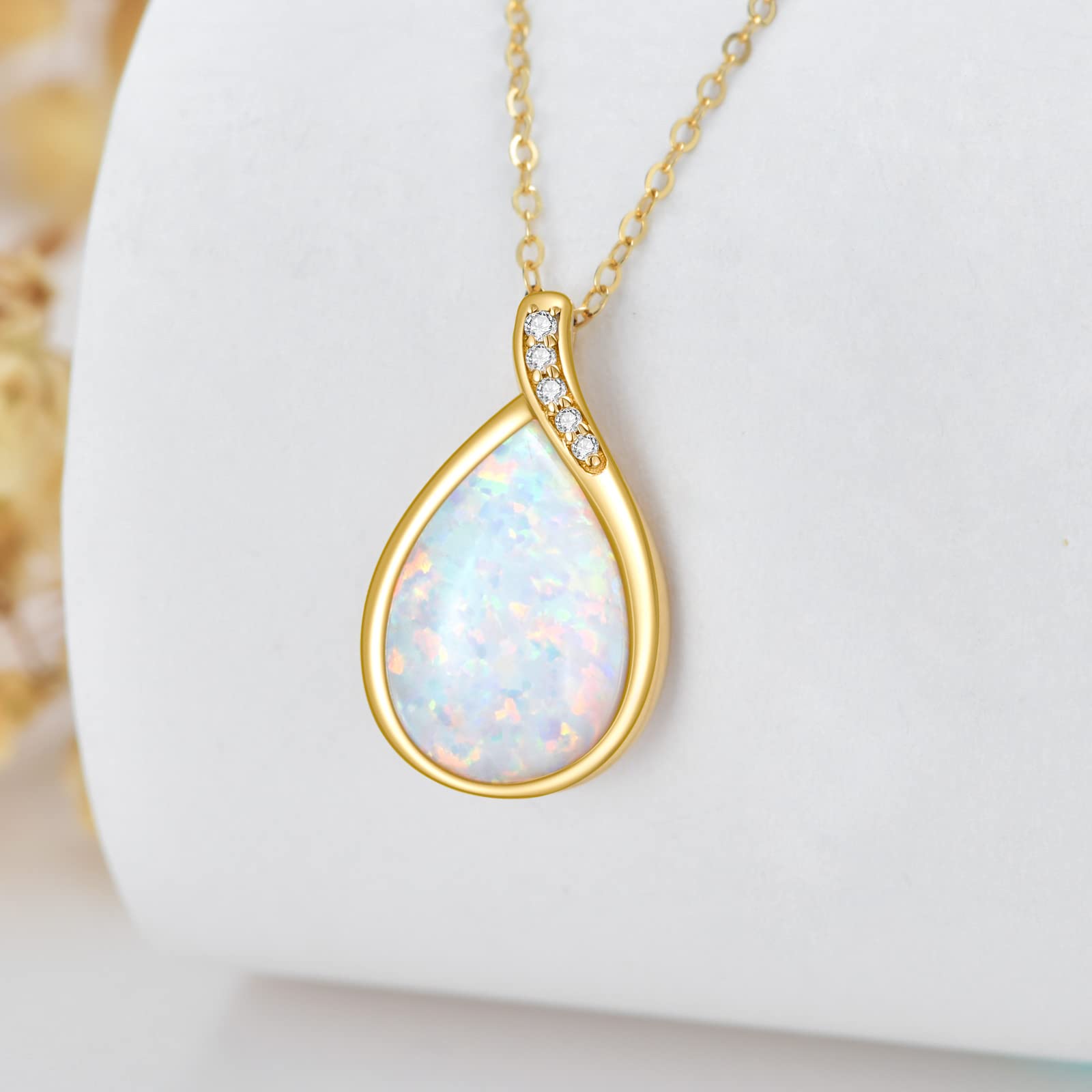 14k Solid Gold White Opal Necklace for Women - Dainty Teardrop Pendant with Genuine Diamond - October Birthstone Pear-Shaped Gemstone Jewelry Gift for Her (16