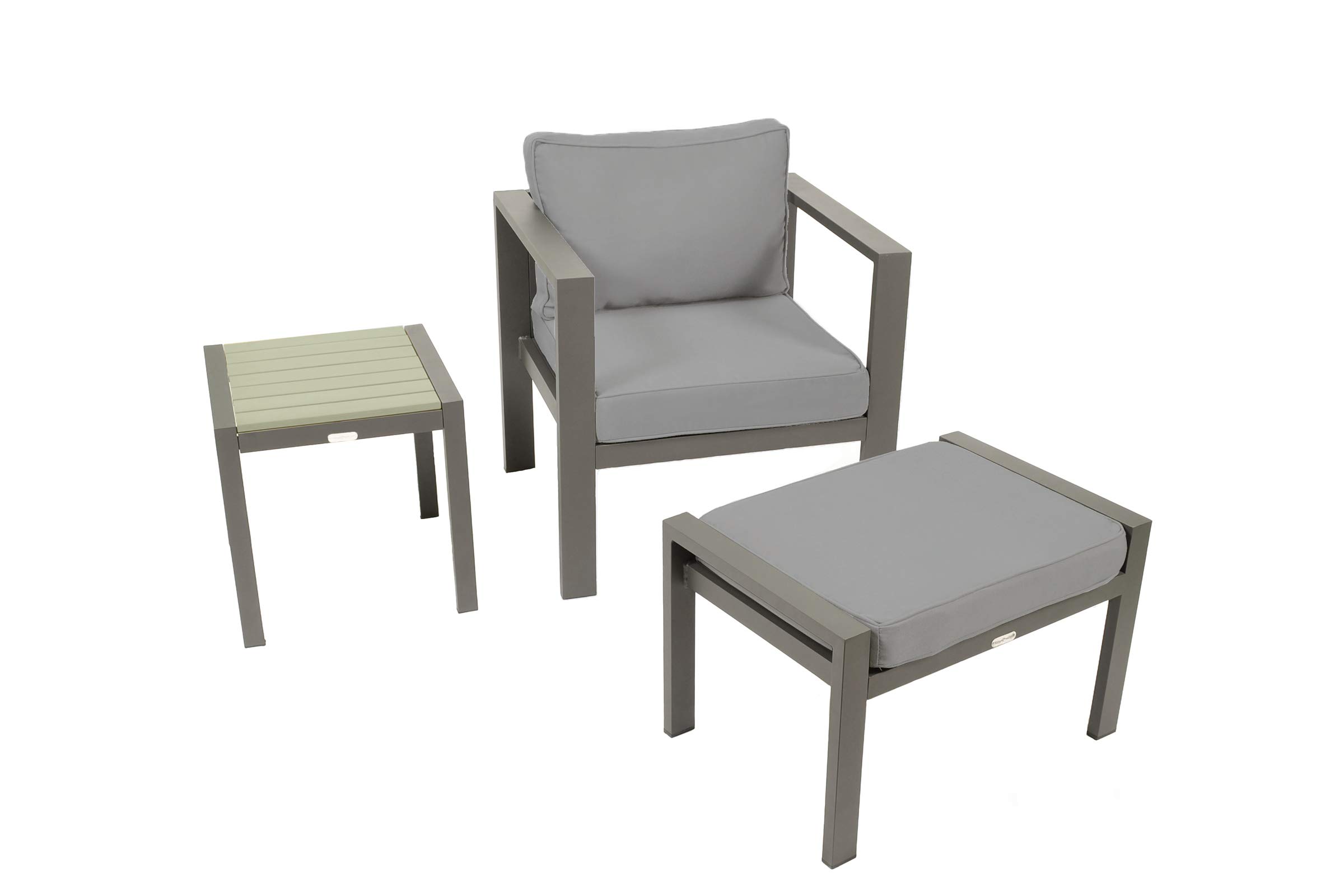 Modern Aluminum Club Chair with Ottoman & Side Table - Charcoal Patio Conversation Set for Outdoor Lounge, Garden, Poolside & Backyard Relaxation