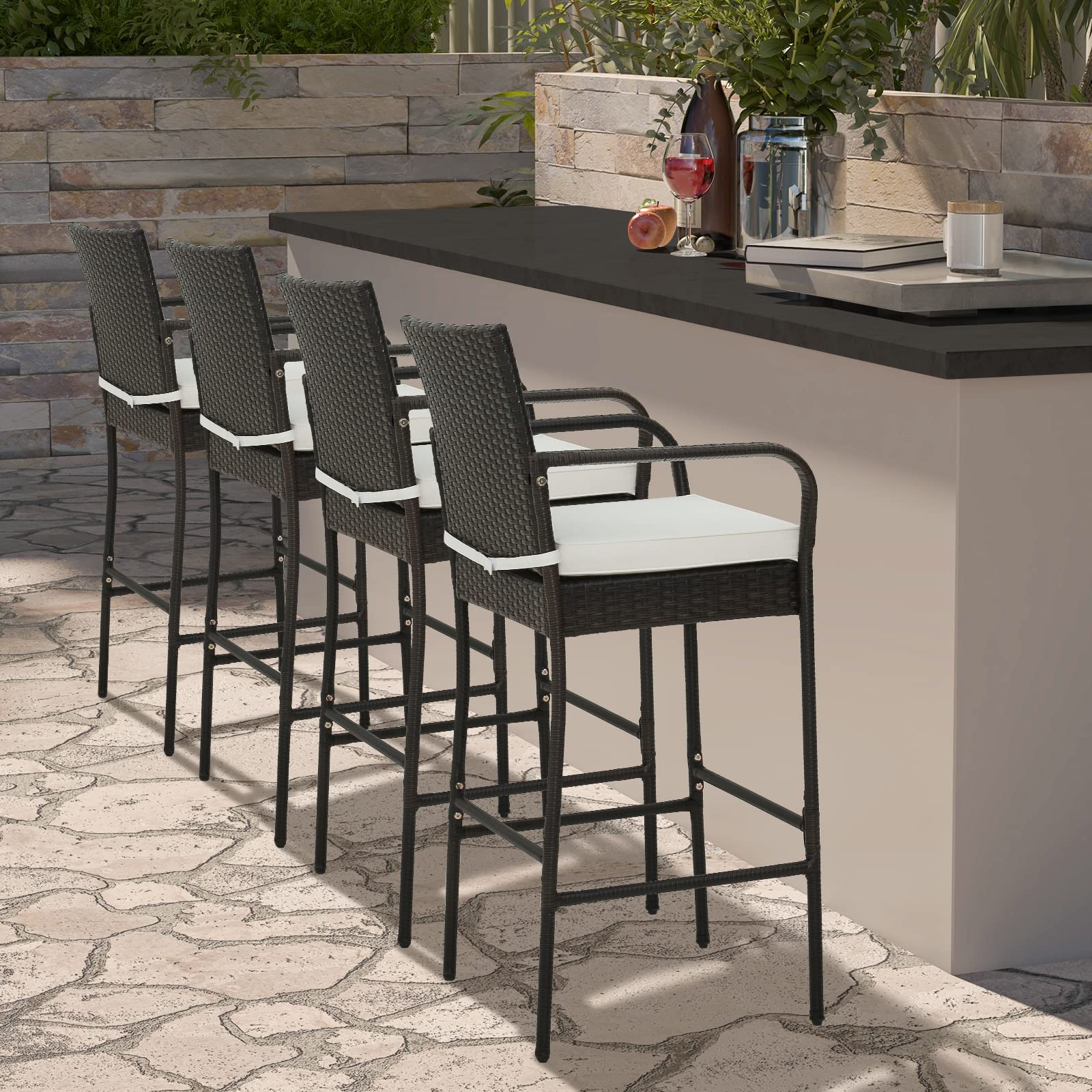 HAPPYGRILL 4-Piece Wicker Bar Stool Set with Armrests, Footrests & Cushions - High Back Outdoor Bar Chairs for Patio, Balcony, Poolside & Backyard Entertaining