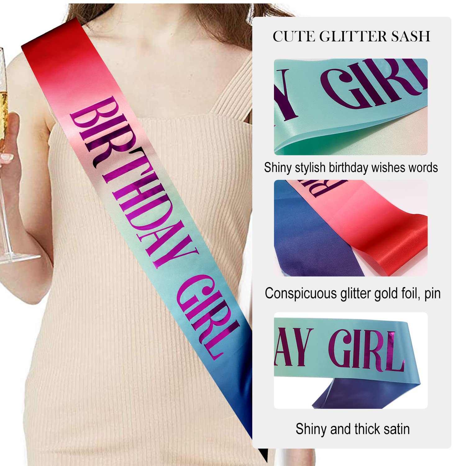 Elegant Purple Crystal Tiara & Colorful Birthday Sash Set for Women & Girls - Princess Crown Gift for Birthday Parties, Bachelorette Celebrations & Special Occasions